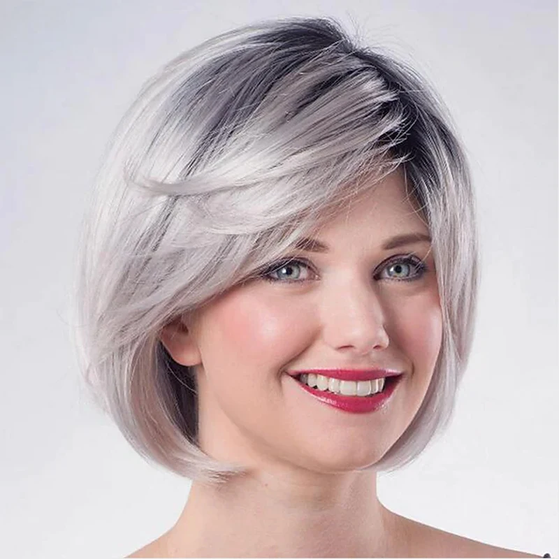 

HAIRJOY Women Synthetic Hair Wig Blonde Silver Ombre Short Straight Wigs Side Bangs