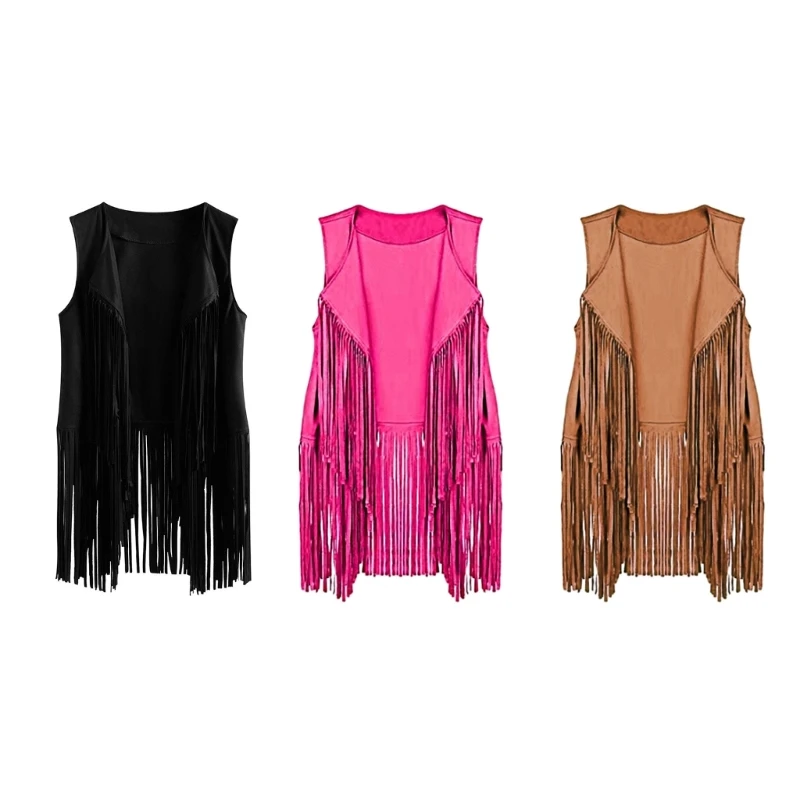 

Women Sleeveless Fringe Vest Tassels 70s Hippie Costume Open Front Cardigan Cowgirl Top for Music Festivals Party