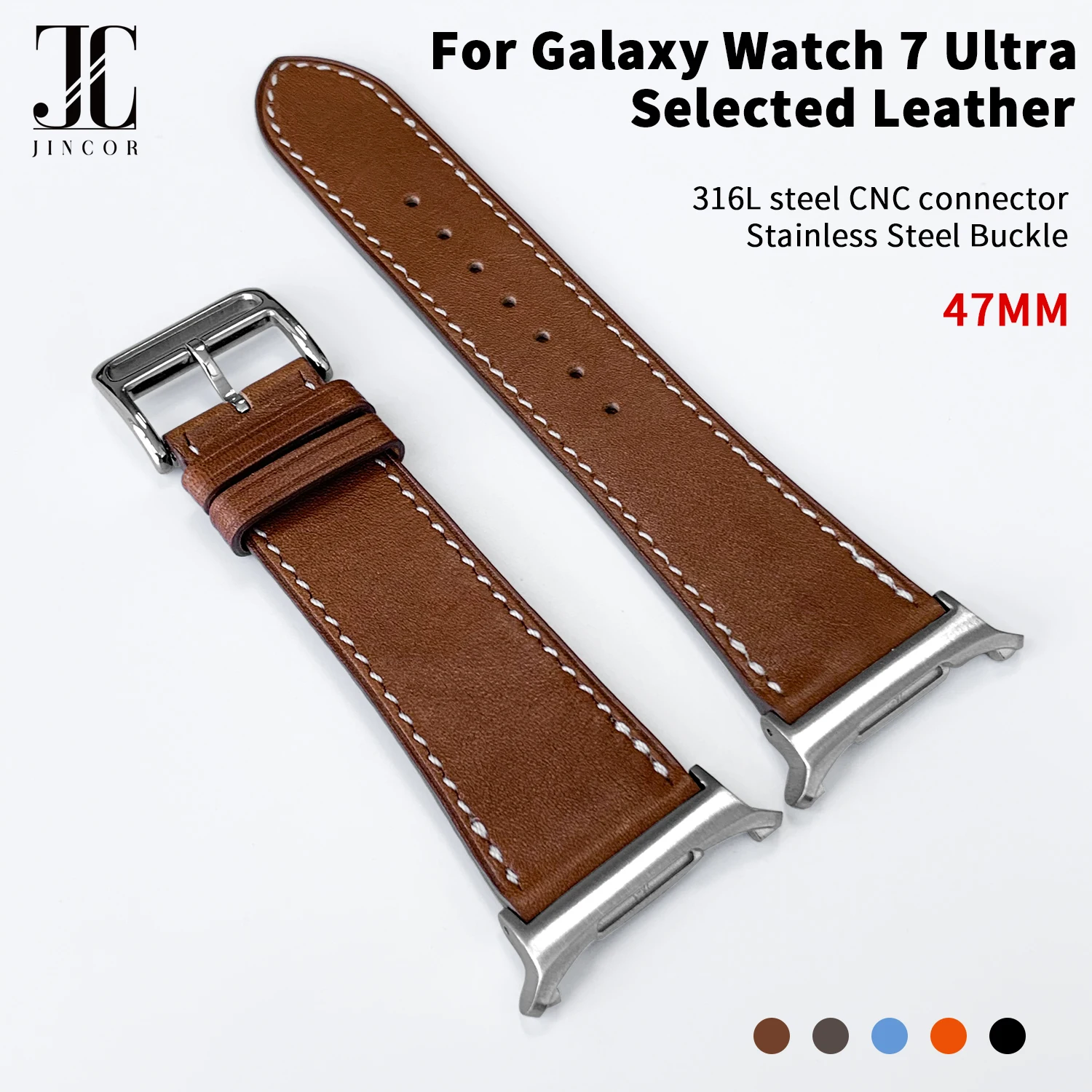 JINCOR For Samsung Galaxy Watch 7 Ultra 47mm Leather Strap Classic Cower Leather Bracelet 20mm 22mm Watch Bands