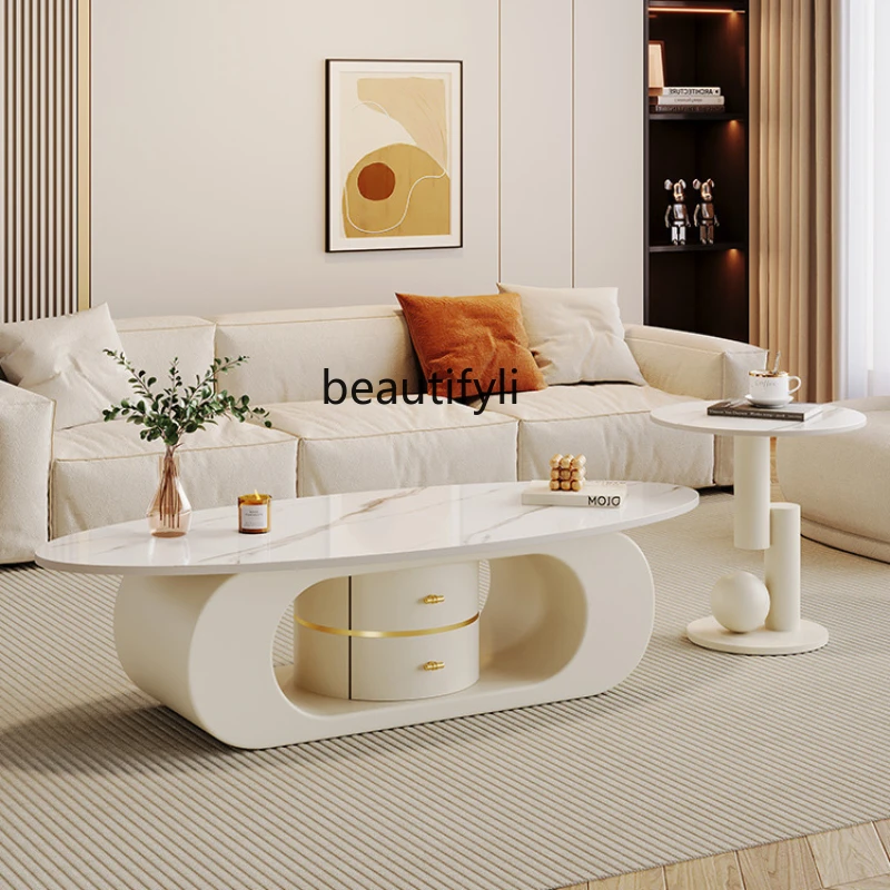 

Cream Style Stone Plate Coffee Table Living Room Creative and Slightly Luxury Home TV Cabinet Unit