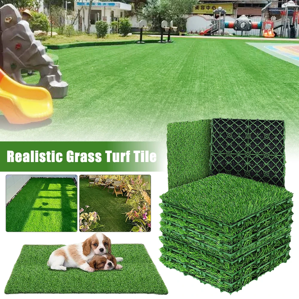 10 Pcs 12 Inchx12 Inch Grass Flooring Tiles Green Interlocking Grass Deck Tiles Turf Mat Grass Rug for Garden Lawn Patio Balcony