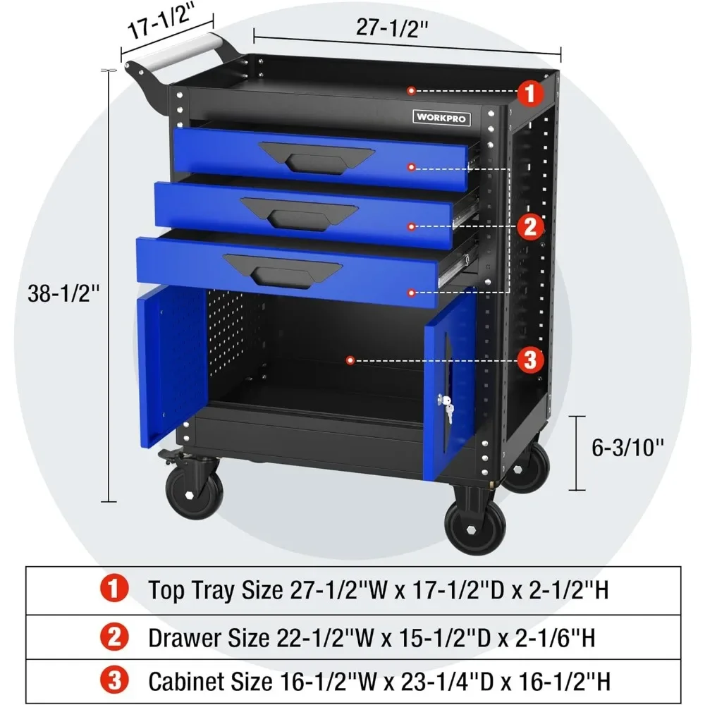 27,5-calowa skrzynia narzędziowa z 3 szufladami i kółkami, przenośne stalowe szafki narzędziowe z szufladami, wkładkami i systemem blokowania
