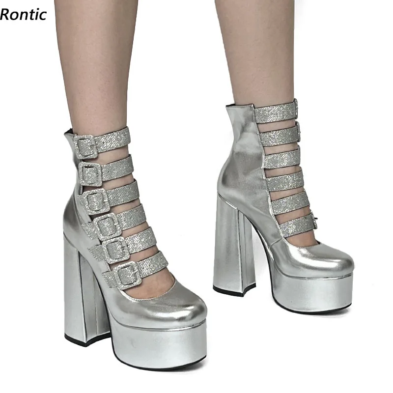 

Rontic Handmade Women Platform Ankle Boots Chunky Heels Round Toe Pretty Silver Night Club Shoes Ladies Plus US Size 5-15