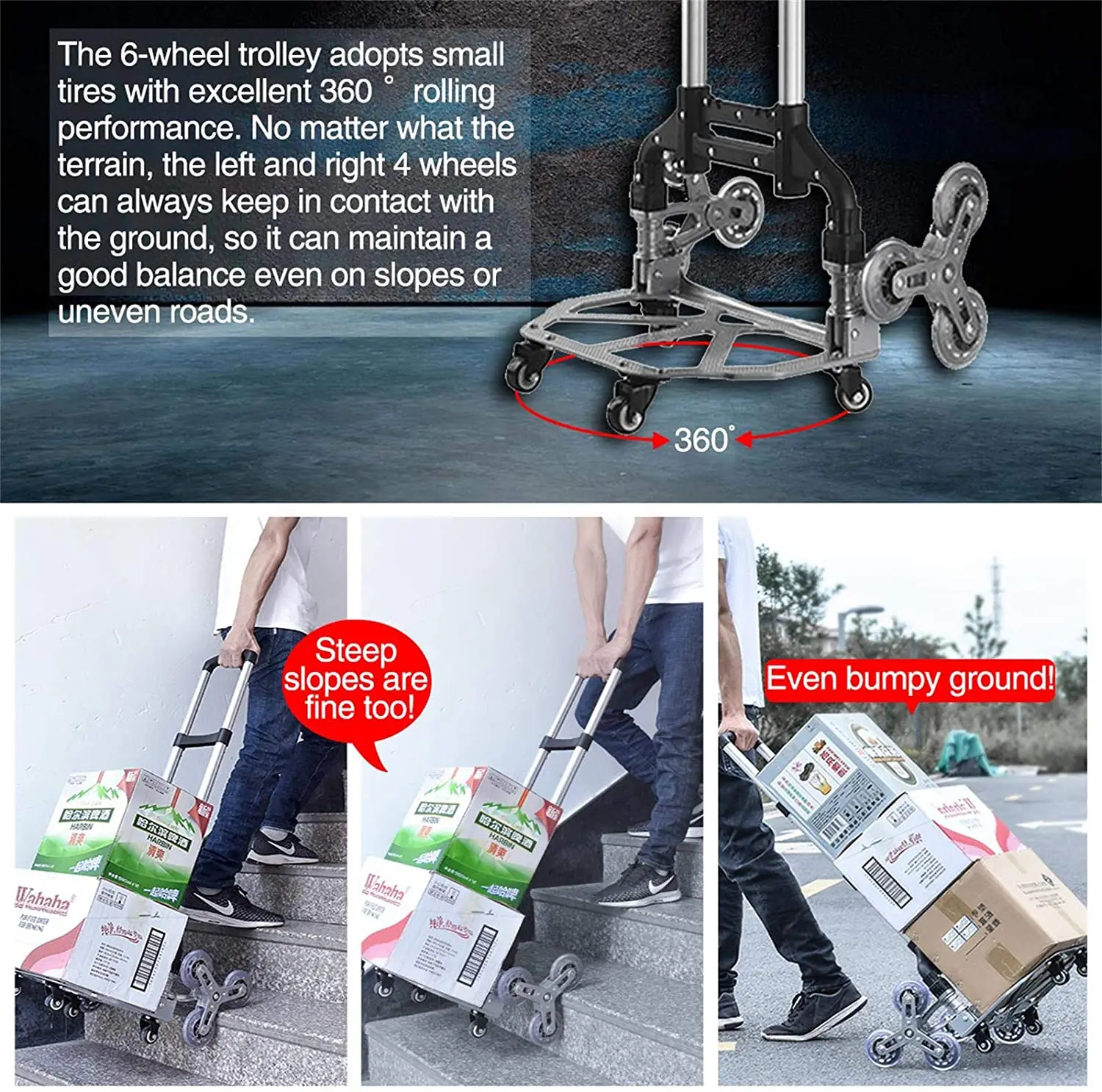 All Terrain Garden Cart Stair-Climbing Portable 6-Wheels Folding Trolley for Upstairs Cargo with Bag Hand Truck Loading 150kg