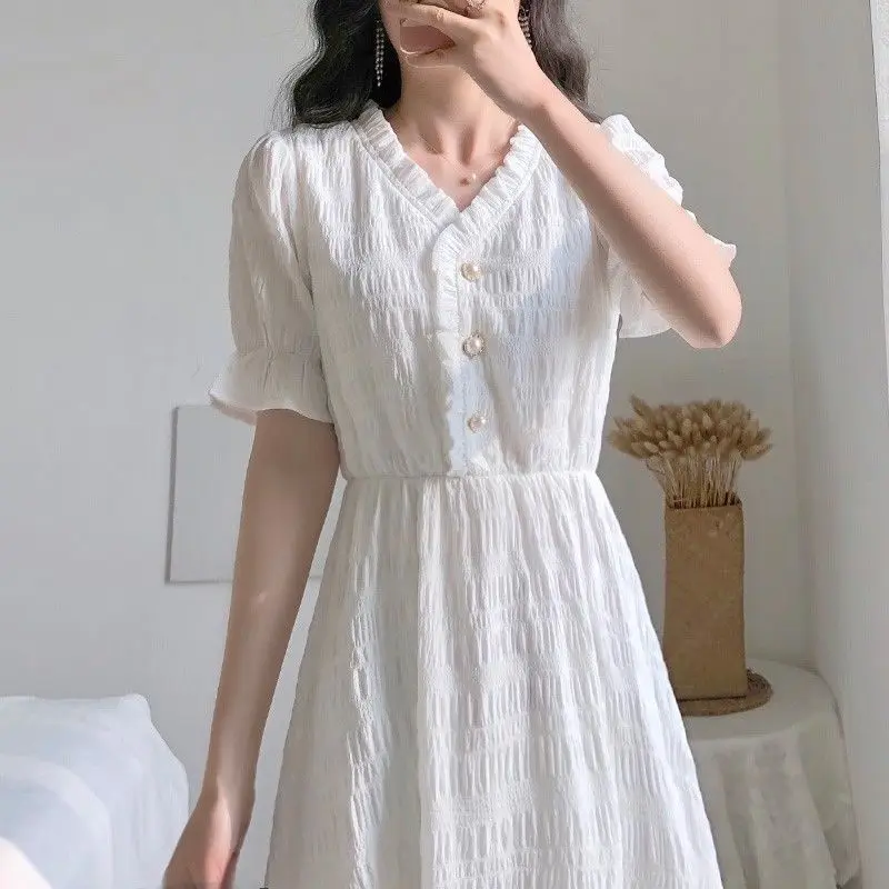 Sukienka dla kobiet Letnia koszula z krótkim rękawem w dużych rozmiarach Biało-niebieskie sukienki Casual Koreańska francuska retro Slim Fit Odzież damska
