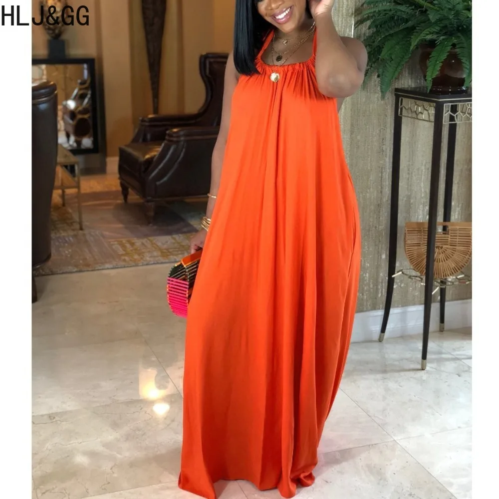 HLJ&GG Casual Solid Color Backless Lace Up Halter Maxi Dresses Women Sleeveless Loose Robe Spring New Female Holiday Clothing