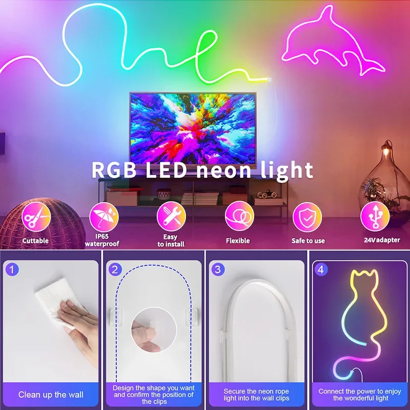 DC24V 3535 RGBIC النيون LED قطاع أضواء بلوتوث النيون حبل ضوء مع الموسيقى مزامنة دريم كولور مطاردة شريط إضاءة طويل مع الاتحاد الأوروبي/الولايات المتحدة التوصيل