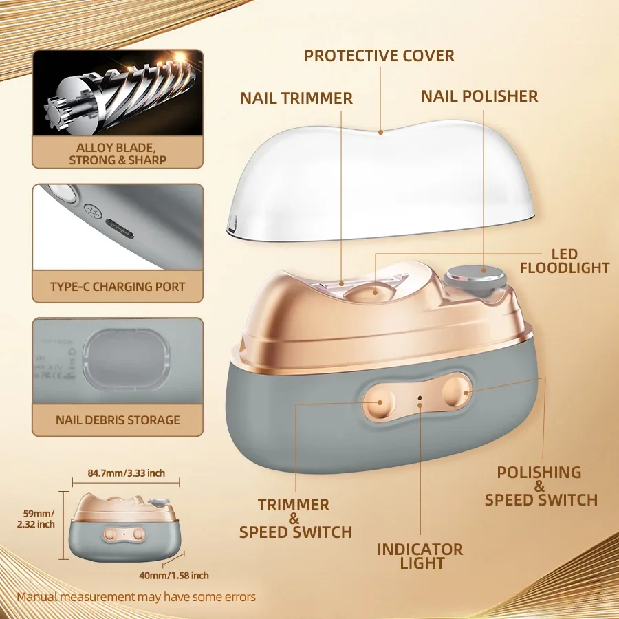 Updated Electric Nail Clipper 4 Functions Auto Nail File UV Light Chips Storage Portable Cutter Drill Nail Care Polisher Trimmer