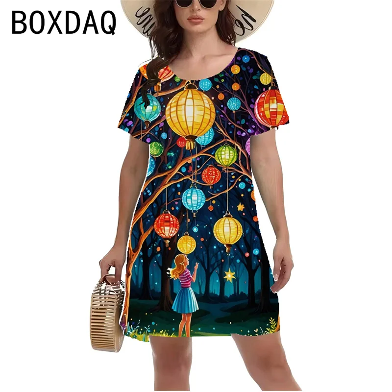 Women Casual Short Sleeve O-Neck Mini Dresses 3D Colorful Lantern Girl Printed A-Line Dress Big Size 3XL Female Dress Vestidos