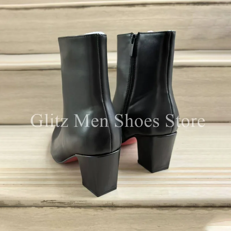 Pointed White Chunky Heel Boots For Men Ankle Boots High-heeled Zipper Black Fashion British Style Handmade Shoes Men Boots