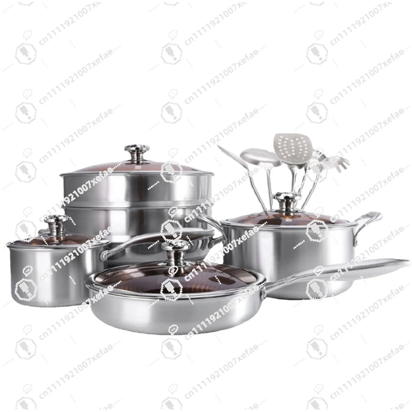 Family Kitchen 304 Stainless Steel Pot 15-piece Set Cooking Pot Frying Pot Set