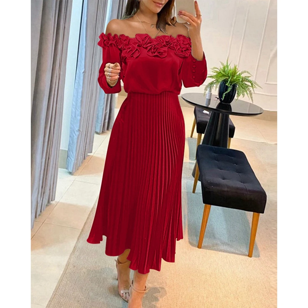 

Maxi Dresses for Women Summer Long Sleeve Flower Pattern Ruched Design Off Shoulder Dresses Fashion Slim Waist Pleated Dress