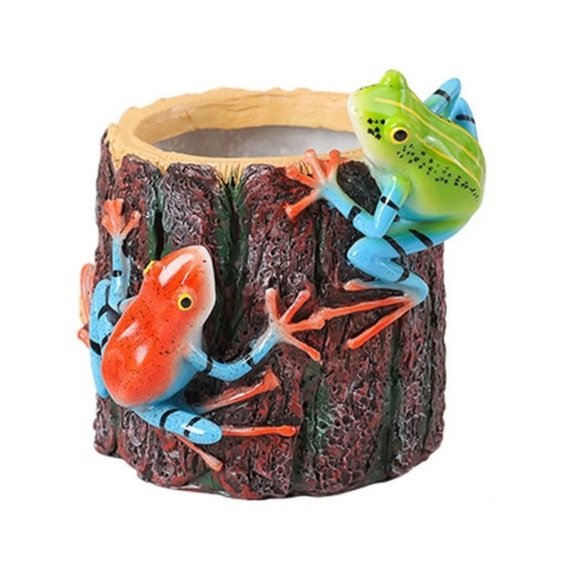 Resin Flower Pot with Animal Detail, Small Plant Pot with Tree Texture and 3.93 Inch Opening for Desk, Balcony, Window, or B03E