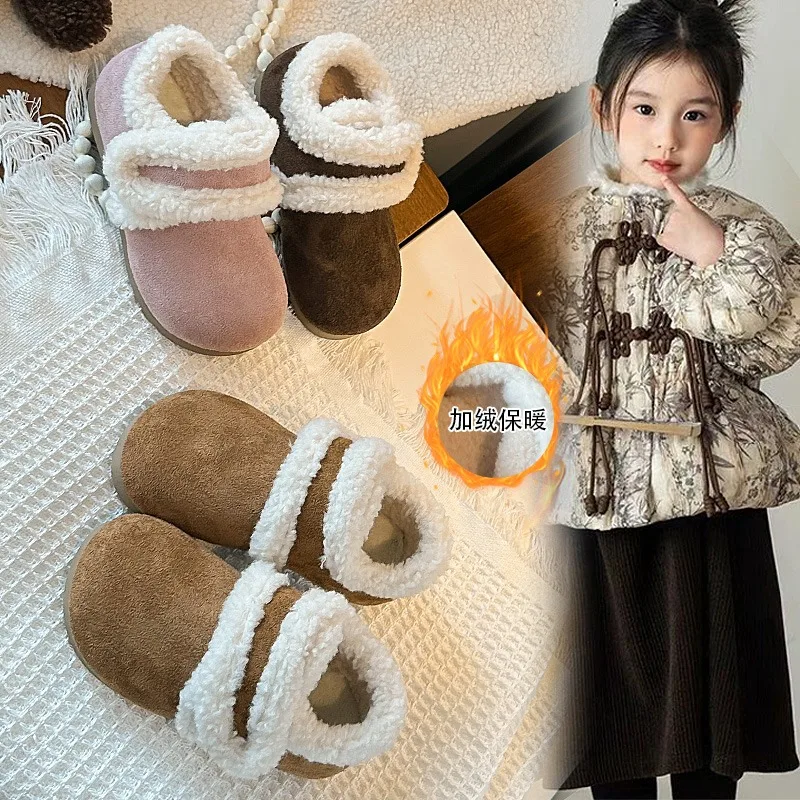 

Новая модная нескользящая универсальная повседневная обувь в корейском стиле с мягкой подошвой, детская зимняя плюшевая кожаная обувь для девочек