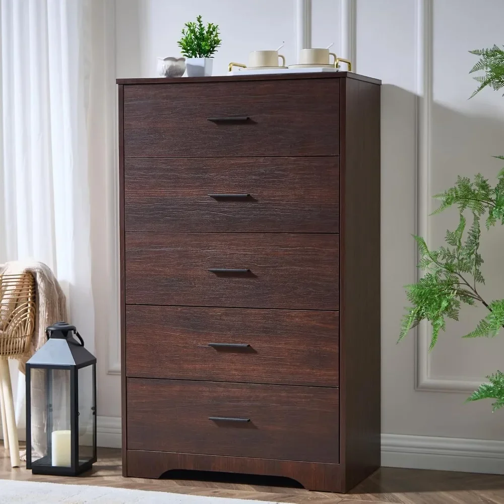 

Dark Cherry Dresser for Bedroom, 5 Drawer Dressers & Chests of Drawers, Modern Wood Dresser, 47 Inches Tall Chest of Drawers