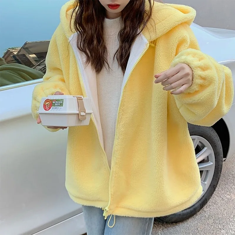 

Jacket Hooded Ladies Plus Velvet Thick Coat All-match Pure Yellow Sweet and Cute Autumn and Winter Lamb Wool Loose Coat 2023