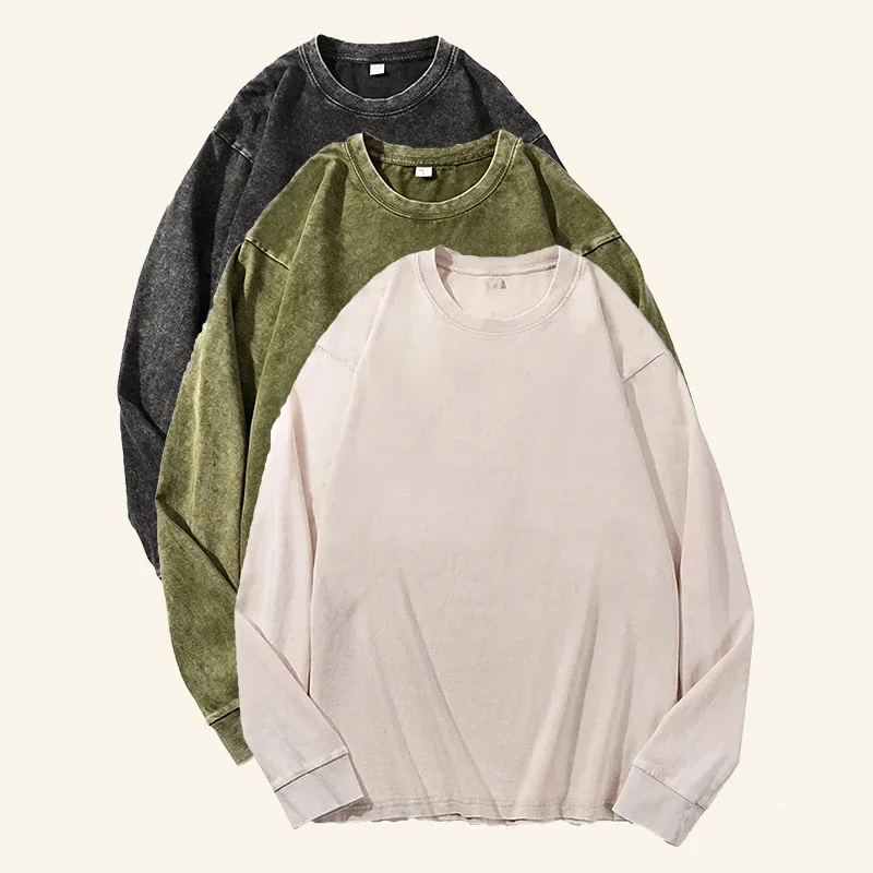 Autumn Vintage Long-Sleeved T-Shirt Men Washed Cotton Tees Fashion Harajuku Streetwear Blouse Clothing Tops Male Plus Size