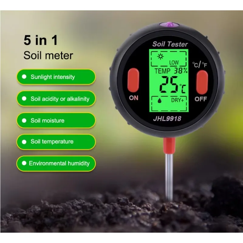 5 in 1 DIGITAL HANDHELD INSTANT READING SCREEN SOIL PH MOISTURE LIGHT TEMPERATURE AIR TEMPERATURE SENSOR