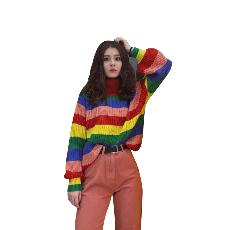 Women Trendy Color Block High Neck Knitwear Sweater With Long Sleeves And Loose-fit Pullover Top For Autumn And Winter