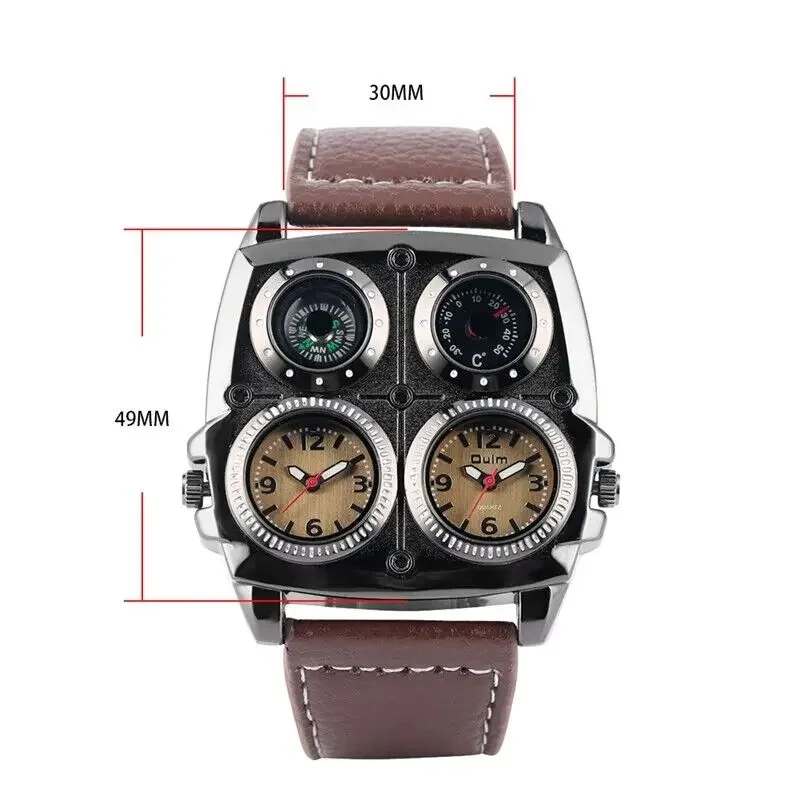 Cool OULM Watch Men Military Sport Quartz Watches Dual Time Zone Brown Leather Strap