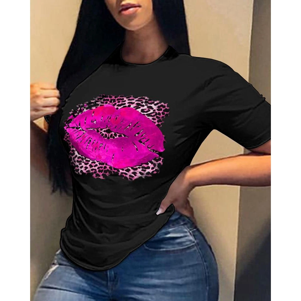 

Women Valentine's Day Leopard Lip Print Casual T-shirt Summer Short Sleeve Top Female Casual O-neck Oversized T Shirt Steetwear