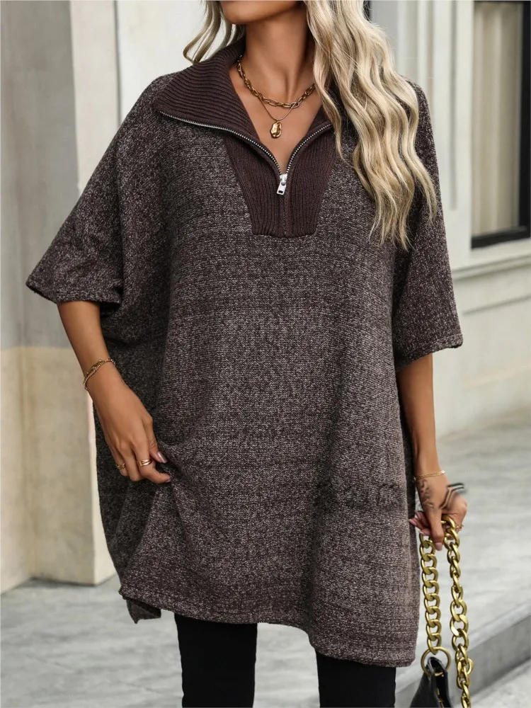 

Новый осенне-зимний повседневный свитер на молнии с лацканами и половиной рукавов, женский повседневный пуловер, женский тренд, однотонный свободный теплый вязаный свитер