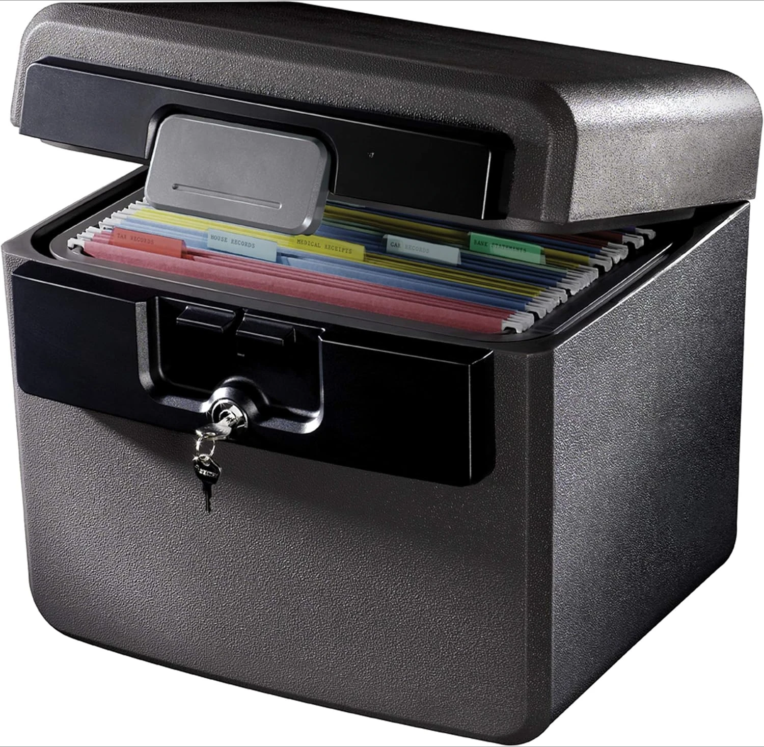 

Black Fireproof and Waterproof Safe, File Folder and Document Box with Key Lock, Ex. 14.3 x 15.5 x 13.5 inches, HD4100