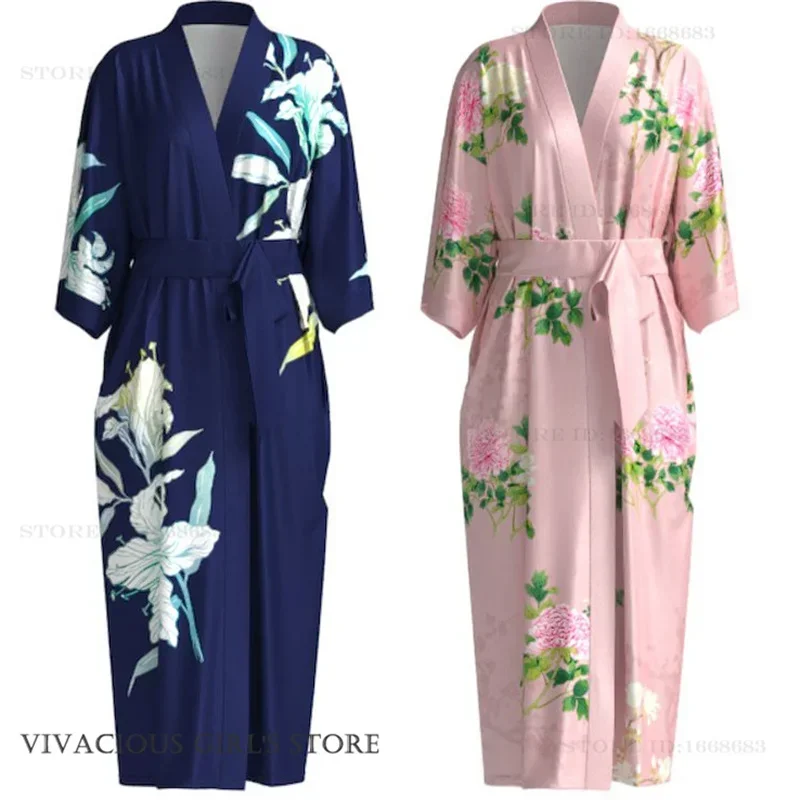 

Female Long Robe Ress Print Flower Kimono Bathrobe Gown Spring Summer New Sleep Dress Loungewear Sexy Satin Nightgown Lingerie