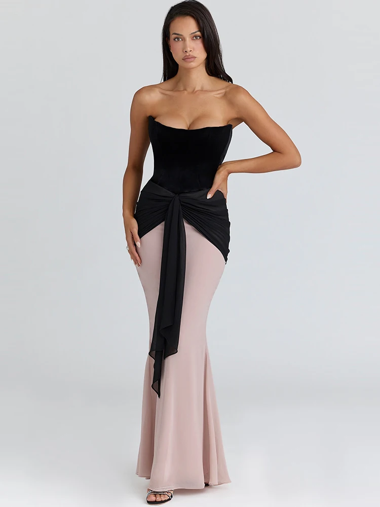 Oniflyme sem mangas retalhos bodycon maxi vestido feminino elegante sem alças sem costas ruched vestidos sexy feminino noite partywear