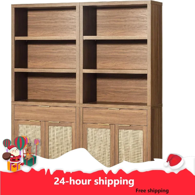 Bookcase, Rattan Bookcase With Doors Cabinet And Drawer, 5-Tier Bookshelf, Large Wooden Book Case, Tall Bookshelves For Library