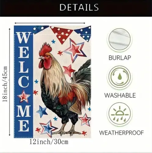 Garden flag, welcome rooster, 12” x 18”, thick polyester burlap, double-sided xxz HJN ZZU hhz
