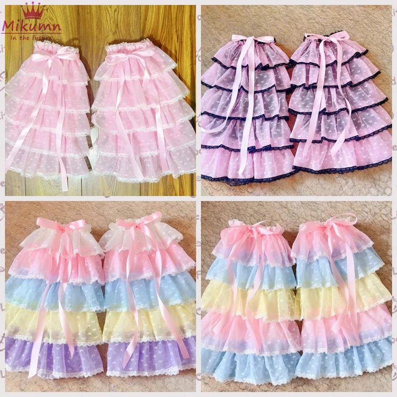 Mikumn Harajuku Women Sweet Pink Bow Fluffy Lace Leg Warmer Socks Y2k Japanese Lolita Kawaii Multilayer Mesh Ruffles Leg Covers