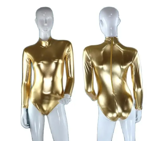 女性用光沢のあるメタリックゴールドキャットスーツバレエダンスウェア長袖ボディスーツ体操ジャンプスーツ