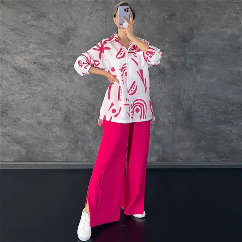 

Women's Casual Long Sve Printed irt And Pants Set Chic Faion Two-Piece Suit Polyester Fiber Long Pants Office Wear