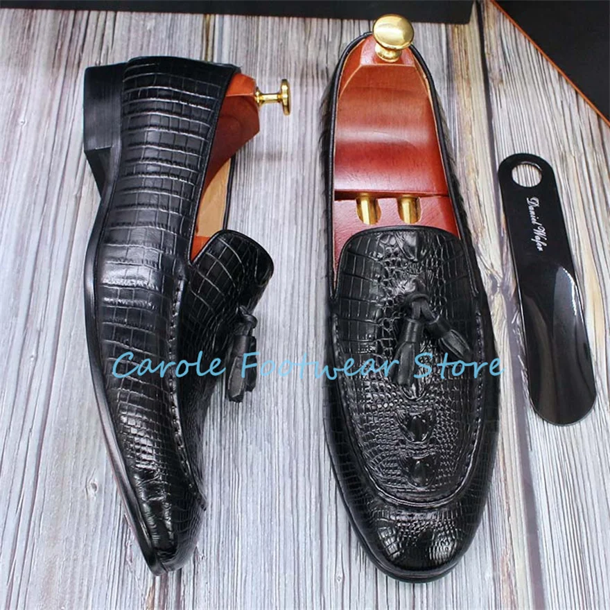 Luxury Crocodile Pattern Leather Loafers for Men Tassel Decor Handmade Business Formal Dress Shoes Male Shallow Casual Shoes