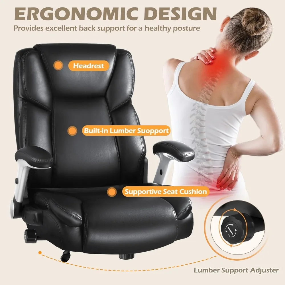 كرسي مكتب كبير وطويل من LEMBERI بوزن 600 رطل للأشخاص الثقيلين، كرسي كمبيوتر مريح من جلد البولي يوريثان مريح عالي الظهر مع مقاس L