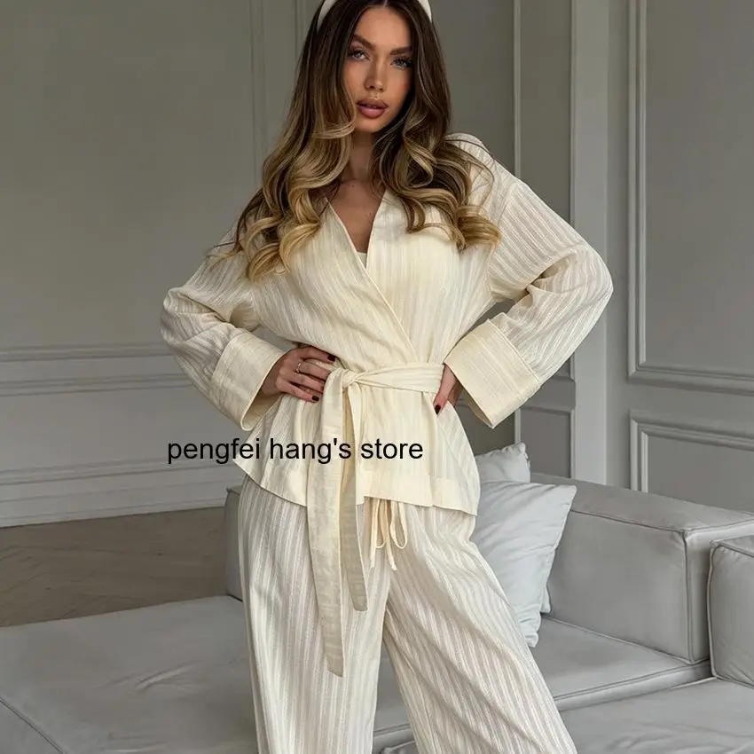 European Style Women Woven Cotton Pajama Set Autumn Breathable Long Sleeve Long Pants Skin-Friendly Home Loungewear
