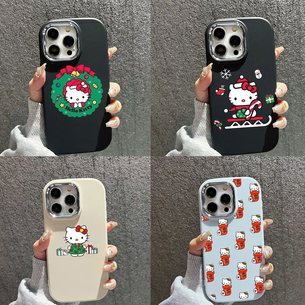 for iPhone 7 8 Plus X XR XS 11 12 Pro Max Luxury Electroplated lens frame Soft Phone Case SS177 Hello Kitty Christmas Merry art