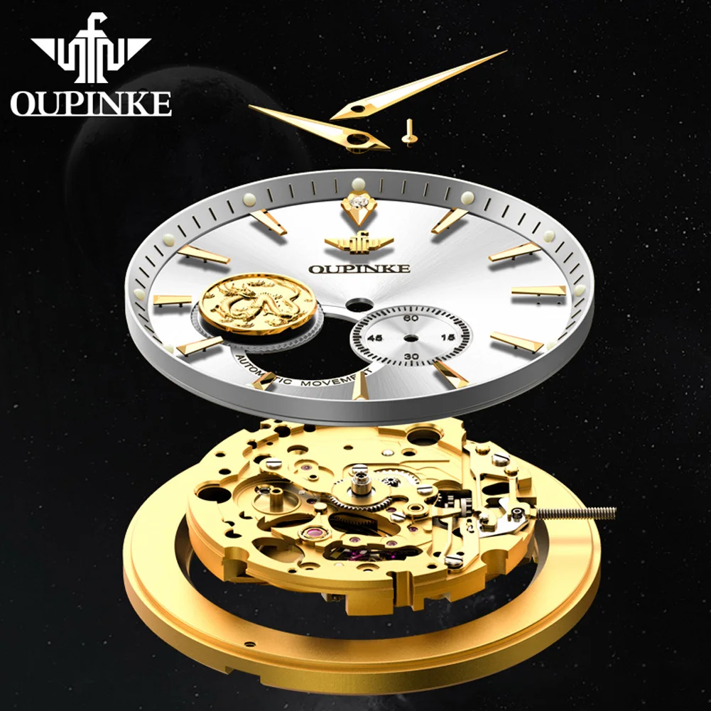 OUPINKE-reloj mecánico automático para hombre y mujer, cronógrafo de doble aguja, zafiro, oro Real, Diamante Real, marca superior