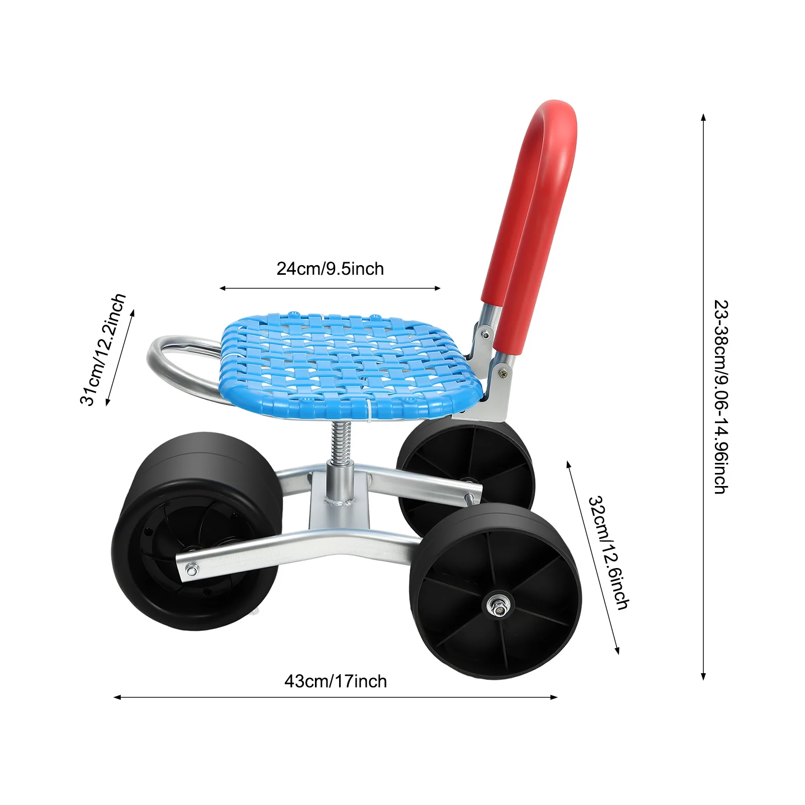 Three-wheel Rolling Garden Stool Galvanized High-carbon Steel Frame 360 Degree Swivel Sponge Backrest Adjustable Height 150kg Load Greenhouse Orchard Farm Picking Work Seat