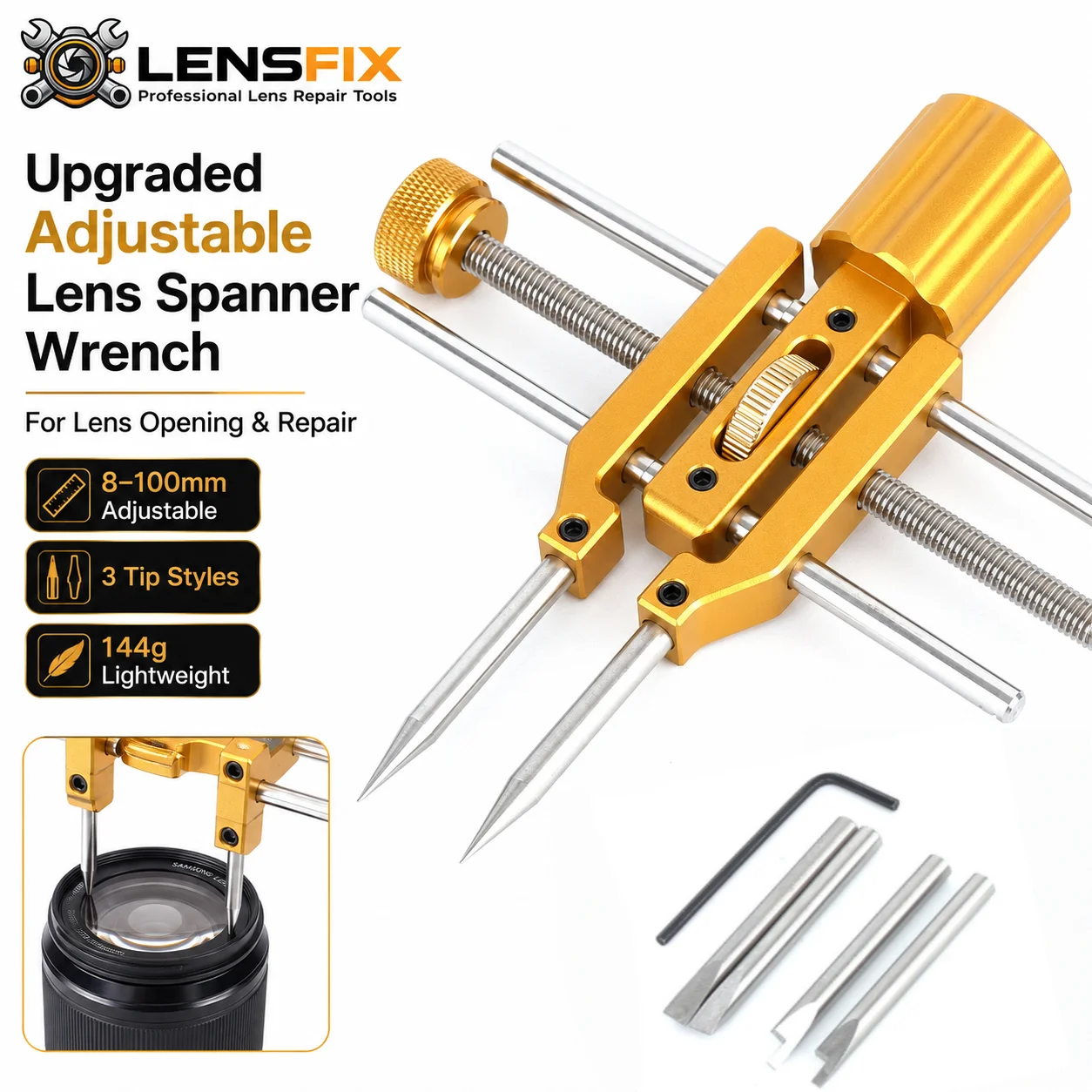 Adjustable Lens Spanner Wrench 8-100mm Camera Lens Repair Opening Tool with 3 Interchangeable Tips Fine Tune Knob