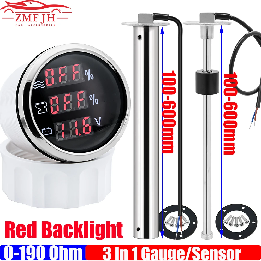 Indicador de Nível de Água Digital do Carro 3 em 1 Gauge Medidor de Esgoto Voltímetro Nível de Água Sensor de Nível de Resíduos, 0-190 Ohm, 2 