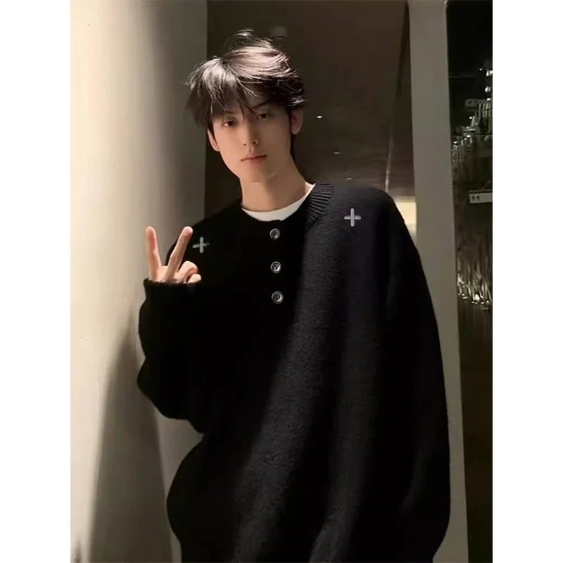 

Мужской свитер с вышивкой крестиком в американском стиле, с воротником хенли, осенне-зимний, вязаный, премиум-класса, для ношения под одеждой