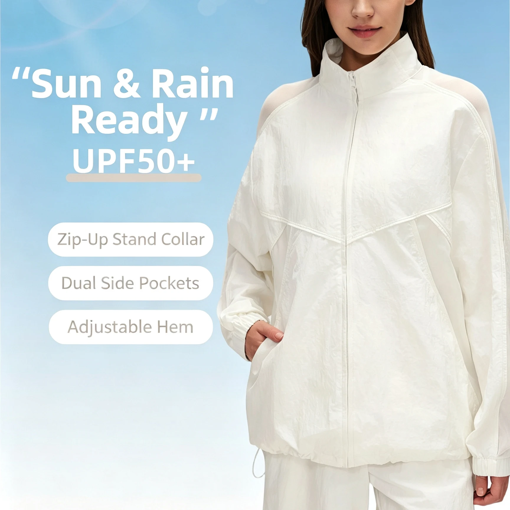Women's Loose-Fitting Stand-Collar Sports Jacket 100% Nylon Lightweight Splash-Proof Outdoor Casual Jacket Mesh Patchwork Top
