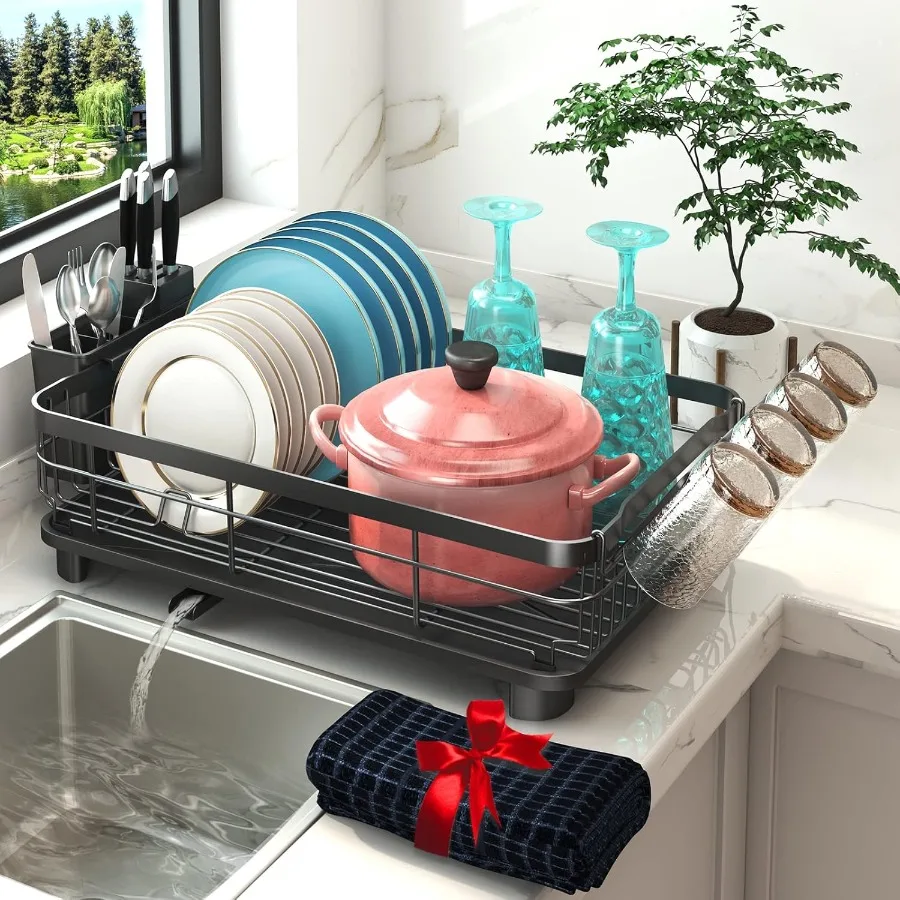 

Dish Drying Rack Dish Rack with AutoDrain Mat Dish Drainers for Kitchen Counter Glass Organizer for 4 Cups 3 Slots Utensil Hold
