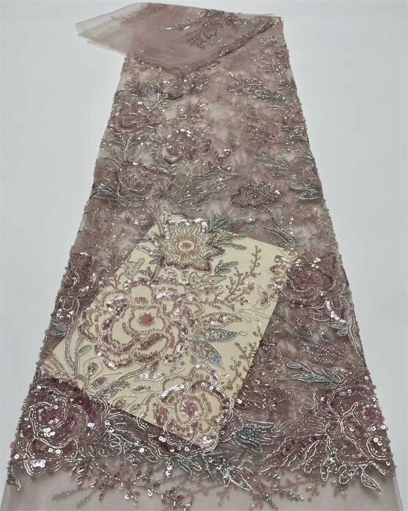 High-Quality African Sequins Beaded Lace Fabric for Bridal Wedding Groom Nigerian Embroidery French Tulle Sewing Material