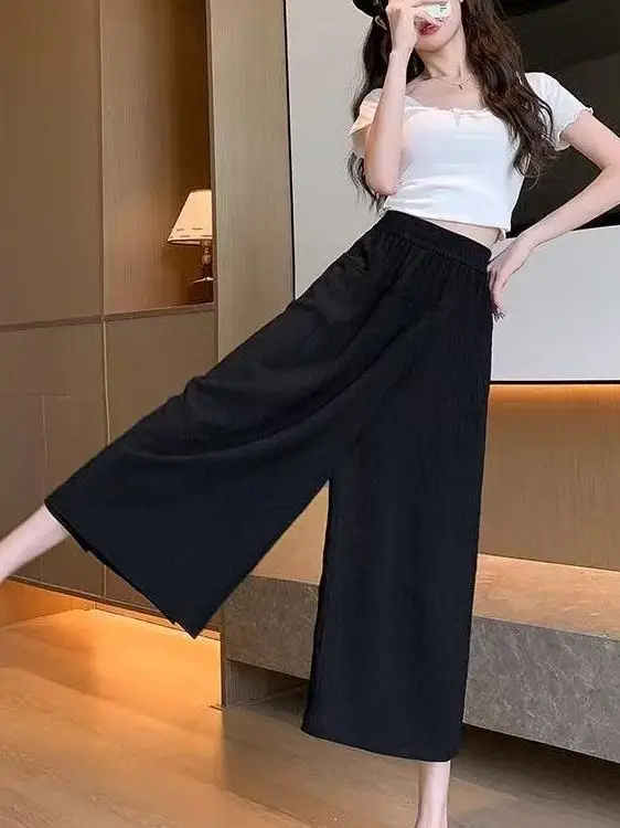 High Waist Loose Fit Lightweight Quick Dry Asymmetrical Summer Casual Skirt Pants Korean Style Straight Leg Eighteen Length