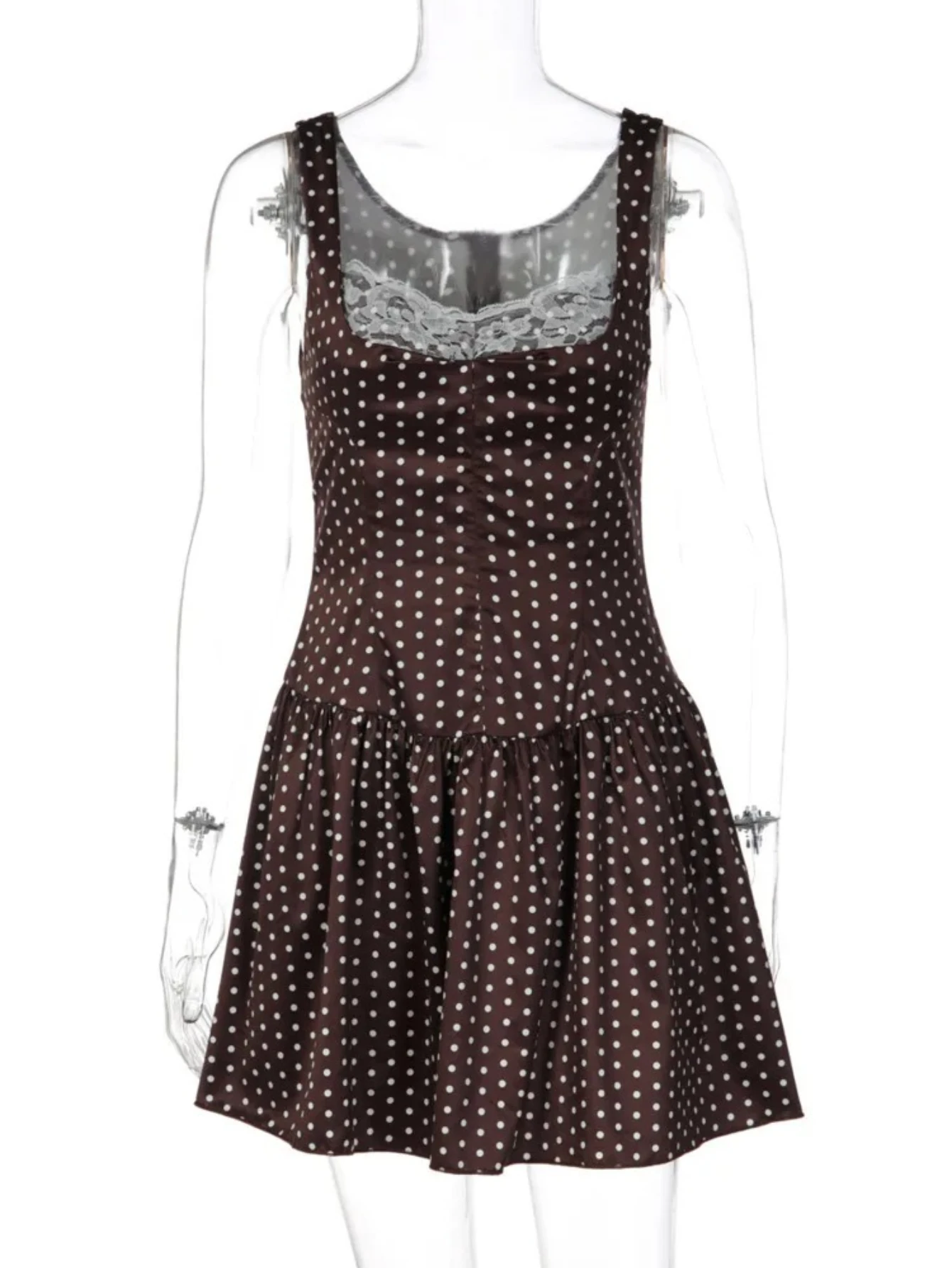 Mini robe Sexy en dentelle pour femmes, dos nu, à pois, élégante, Patchwork, bretelles Spaghetti, sans manches, taille haute, robe de Club