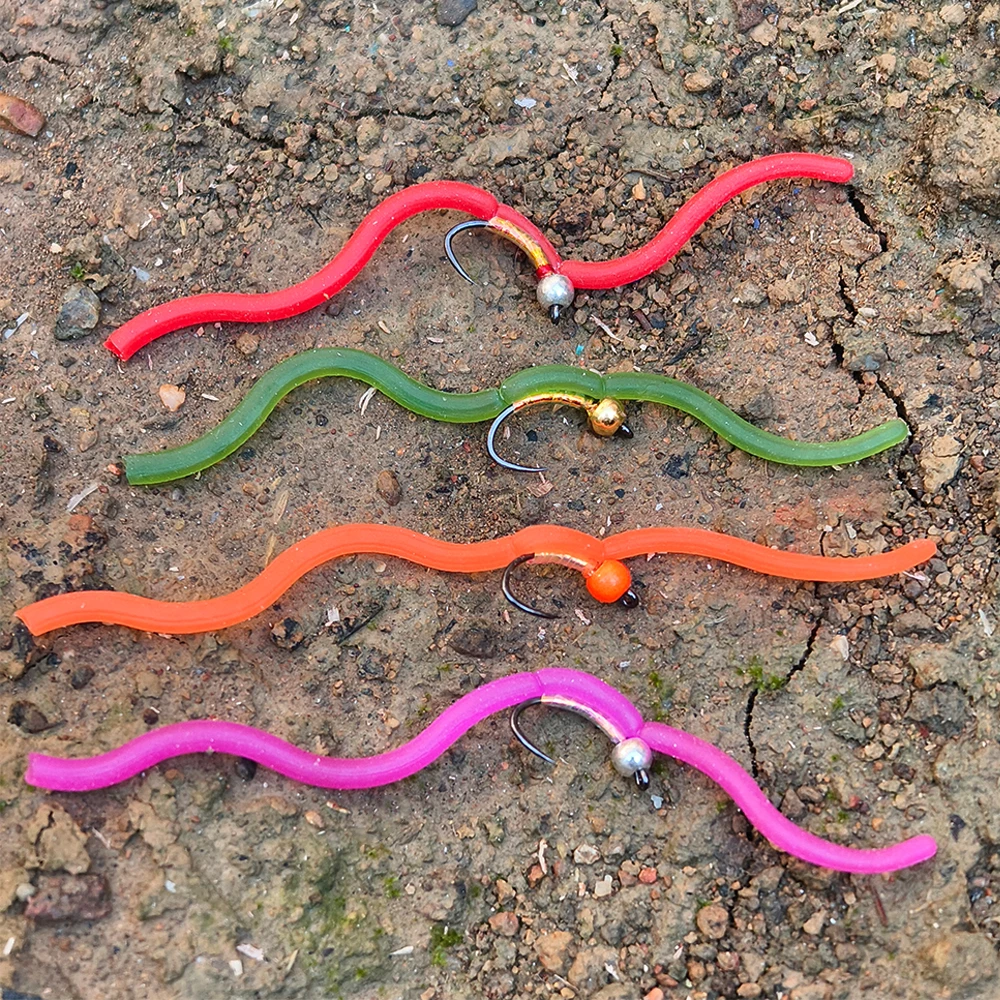 8 piezas # 14 señuelos de pesca con cabeza de latón, tipo Squirmy Wormy Flash Belly San Juan Worm, con anzuelo sin púas, imitación de lombriz, para trucha y pescado gris.