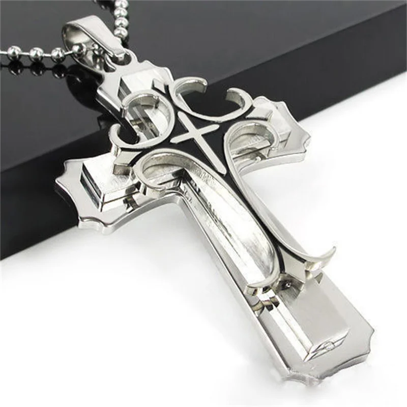 Titanium Steel Three Layer Cross Pendant Men's Retro Religious Faith Necklace Jewelry Mother's Day Memorial Gift 2022 Trend